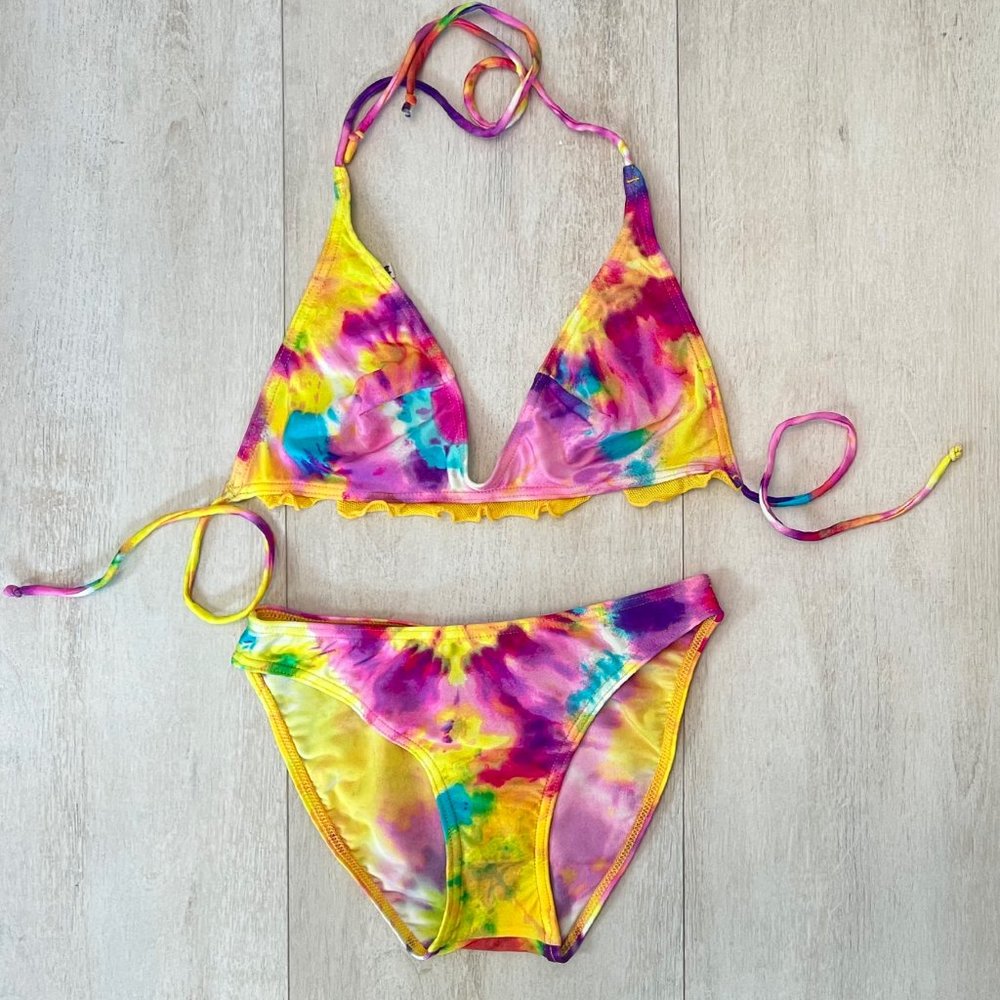 Vintage 90s Rainbow Tiedye High-Waist Bikini Set Triangle Top - Deadstock